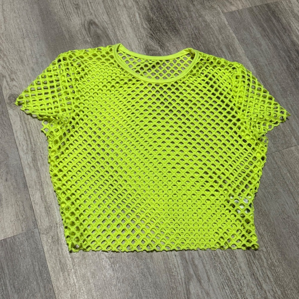 Neon Green Fishnet Crop‎ Top See Through Rave Festival Party S